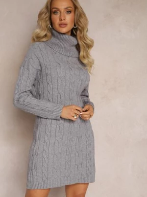 Ciemnoszara Mini Sukienka ze Sweterkowej Dzianiny z Szerokim Golfem i Ściągaczami Jilenma