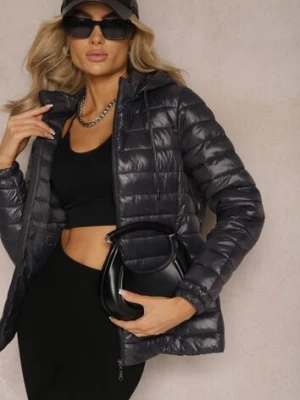 Ciemnoszara Pikowana Kurtka z Odpinanym Kapturem Telianna