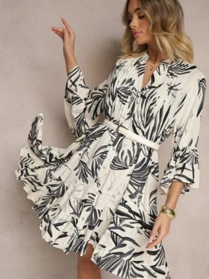 Ciemnoszara Rozkloszowana Sukienka z Wiskozy z Falbanami z Motywem Roślinnym Ridivaria M&d Fashion Szary