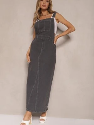 Ciemnoszara Sukienka o Kroju Ogrodniczki z Ozdobnym Rozcięciem Ralhira hello miss