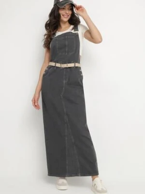 Ciemnoszara Sukienka Ogrodniczka z Rozcięciem z Tyłu Tashiris hello miss