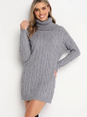 Ciemnoszara Sweterkowa Mini Sukienka z Szerokim Golfem i Ściągaczami Patricime