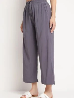 Ciemnoszare Bawełniane Spodnie z Szerokimi Nogawkami Palazzo z Gumką w Pasie Nesira defox