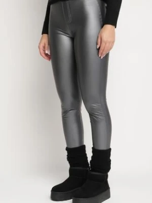 Ciemnoszare Legginsy z Ekoskóry z Wysokim Stanem i Wsuwanymi Kieszeniami Rievalia