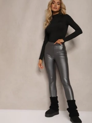Ciemnoszare Legginsy z Imitacji Skóry High Waist Ozdobione Wsuwanymi Kieszeniami Valerievia