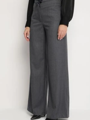 Ciemnoszare Spodnie Garniturowe z Wiskozą z Kieszeniami i Wiązaniem Sevitha lefon