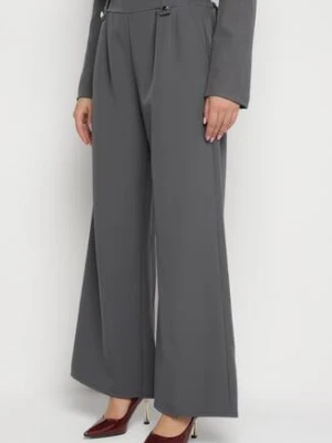 Ciemnoszare Spodnie o Fasonie Szerokich Dzwonów z Ozdobnymi Zakładkami w Talii Narimes lily rose