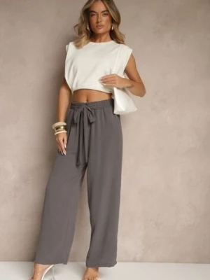 Ciemnoszare Spodnie z Wiskozą o Szerokim Kroju z Wiązanym Paskiem Zileindra defox