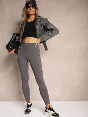 Ciemnoszare Sportowe Legginsy High Waist z Małym Ozdobnym Znaczkiem Lerilane