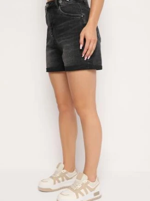 Ciemnoszare Szorty Jeansowe z Wysokim Stanem z Metalicznymi Guzikami i Napami Ezorea m.sara