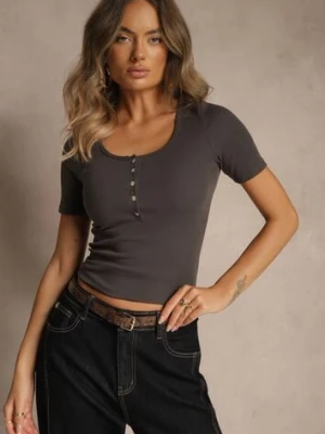 Ciemnoszary Bawełniany T-shirt Prążkowany z Guzikami Florvivi elsa.m by may