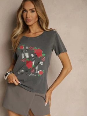 Ciemnoszary Bawełniany T-shirt z Kwiatami i Napisami Savinele glo-story
