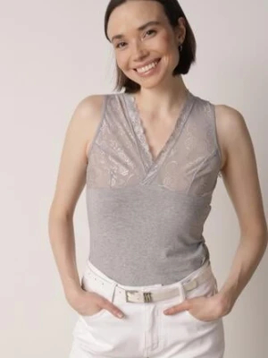 Ciemnoszary Bawełniany Top Bieliźniany z Siateczkową Górą z Koronką Bervisa romee's