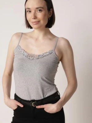Ciemnoszary Bawełniany Top na Ramiączkach z Ozdobną Koronką przy Dekolcie Berlisa romee's