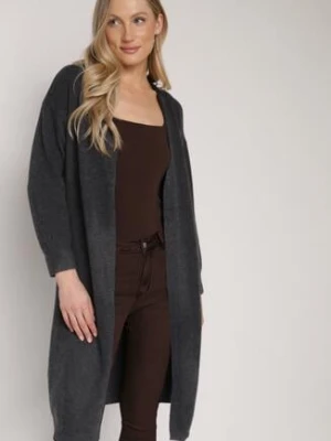 Ciemnoszary Długi Kardigan Bez Zapięć z Dzianiny z Wełną Mevesia