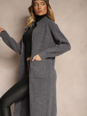 Ciemnoszary Długi Kardigan o Prostym Kroju ze Stójką z Domieszką Wełny i Zapięciem na Suwak Bonitana j&x