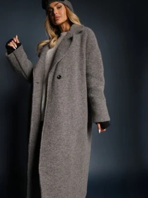 Ciemnoszary Długi Płaszcz Jednorzędowy o Kroju Oversize Vlekoma tricot station