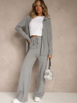 Ciemnoszary Dzianinowy Komplet Dresowy z Wełną Bluza z Kapturem i Spodnie Essana j&x