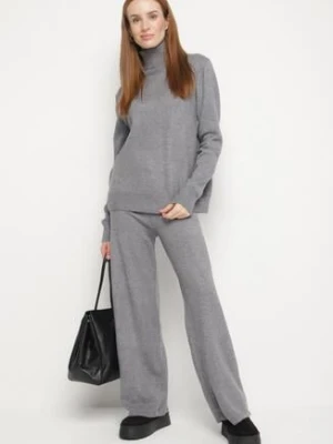 Ciemnoszary Dzianinowy Komplet z Wełną i Bawełną Spodnie i Sweter z Golfem Errele