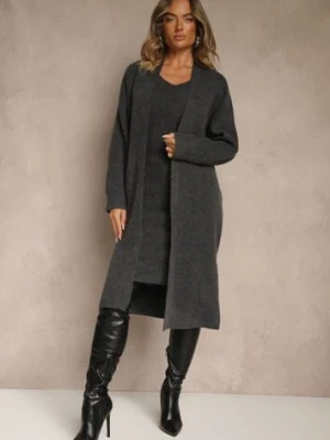Ciemnoszary Dzianinowy Komplet z Wełną Prążkowana Sukienka i Długi Kardigan Falonessa j&x