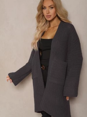 Ciemnoszary Kardigan Bez Zapięć Zdobiony Luźnym Splotem i Wsuwanymi Kieszeniami Calineth