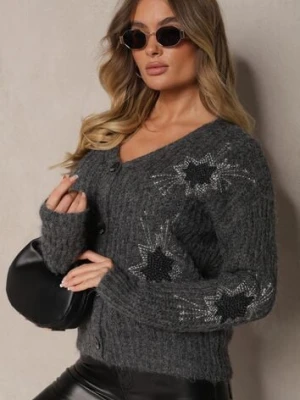 Ciemnoszary Kardigan na Guziki z Haftowanym Wzorem Linelith acajo