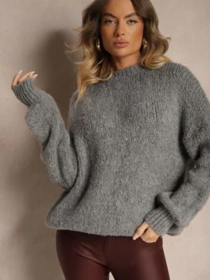 Ciemnoszary Klasyczny Sweter z Wełną i Wiskozą o Luźnym Kroju Omethea jumelle