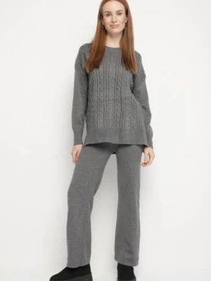 Ciemnoszary Komplet Dzianinowy z Bawełną i Wełną Spodnie i Warkoczowy Sweter Errela