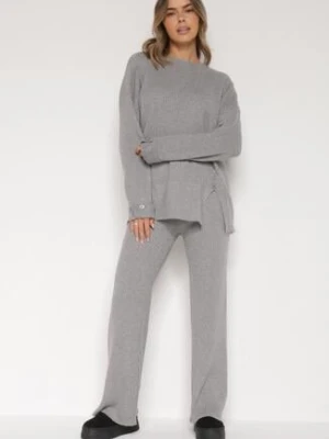 Ciemnoszary Komplet z Bawełną i Wełną Sweter z Guzikami i Proste Spodnie Reisadia