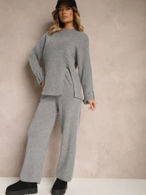 Ciemnoszary Komplet z Wełną i Bawełną Spodnie o Szerokim Kroju Sweter z Guzikami i Rozcięciem Sialwen
