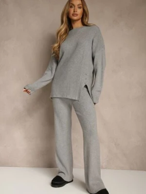 Ciemnoszary Komplet z Wełną i Bawełną Sweter z Guzikami i Szerokie Spodnie Reinelia