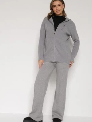 Ciemnoszary Komplet z Wełną i Bawełną Szerokie Spodnie i Rozpinana Bluzka z Kapturem Reikania