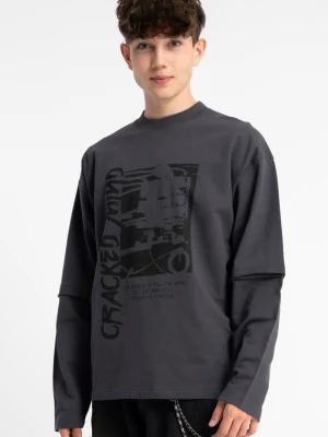 Ciemnoszary longsleeve REGULAR z autorską grafiką z przodu Reporter