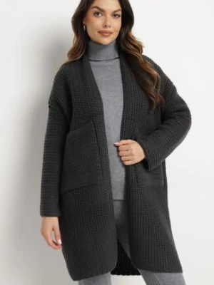 Ciemnoszary Niezapinany Kardigan o Luźnym Splocie ze Wsuwanymi Kieszeniami Inariella