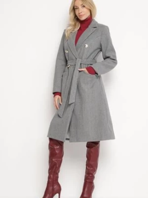 Ciemnoszary Płaszcz Dwurzędowy z Paskiem Caeyle new collection