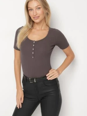 Ciemnoszary Prążkowany T-shirt z Bawełny Ozdobiony Guzikami Tasavia elsa.m by may