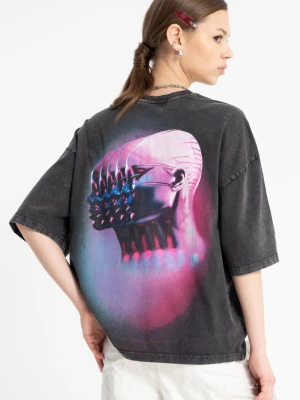 Ciemnoszary t-shirt BOXY z autorską grafiką z tyłu Reporter Young