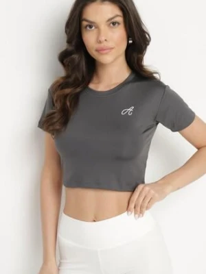 Ciemnoszary T-shirt Crop Top Ozdobiony Literką Koliviela glo-story