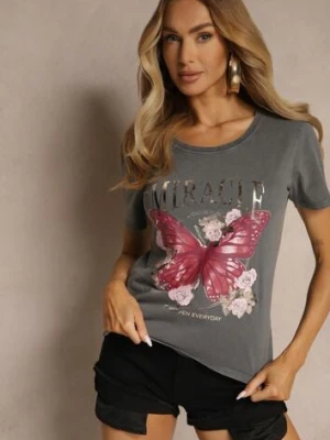 Ciemnoszary T-shirt z Bawełny Ozdobiony Motylem i Metalicznym Napisem Zariellea glo-story