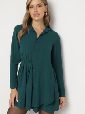 Ciemnozielona Asymetryczna Sukienka o Koszulowym Kroju z Gumką w Talii Elodina j studio