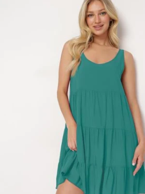 Ciemnozielona Bawełniana Rozkloszowana Sukienka na Ramiączkach z Falbanami Criselles