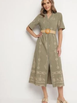 Ciemnozielona Bawełniana Sukienka Koszulowa z Ozdobnym Paskiem i Haftem Evialisse j&x