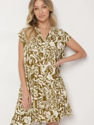 Ciemnozielona Bawełniana Sukienka o Kroju Oversize w Ornamentny Wzór Izelona defox