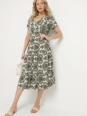 Ciemnozielona Bawełniana Sukienka o Rozkloszowanym Kroju z Gumką w Pasie Desilona defox
