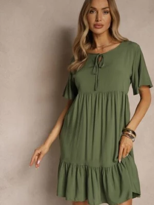 Ciemnozielona Bawełniana Sukienka Rozkloszowana z Wiązaniem przy Dekolcie Mepova defox