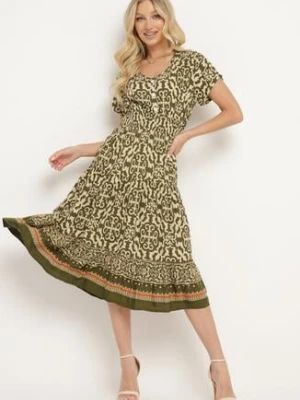 Ciemnozielona Bawełniana Sukienka z Dekoltem w Serek Zapinana na Guziki z Gumką w Pasie Kelea defox