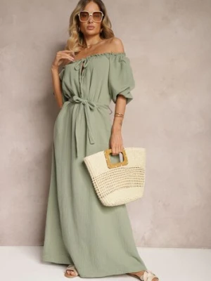 Ciemnozielona Bawełniana Sukienka z Muślinu Wiązana przy Dekolcie z Paskiem i Gumką w Talii Tasda jumelle