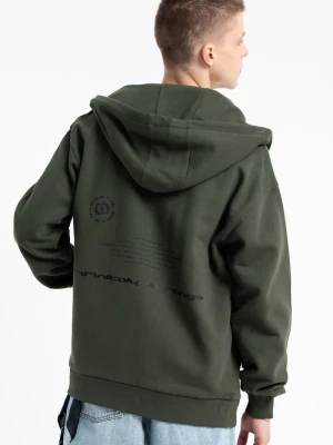 Ciemnozielona bluza z kapturem z autorską grafiką z tyłu Reporter