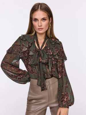 Ciemnozielona bluzka w kwiaty z falbanami TARANKO