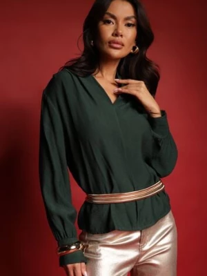 Ciemnozielona Bluzka z Bufiastymi Rękawami i Trójkątnym Dekoltem Hilko j studio